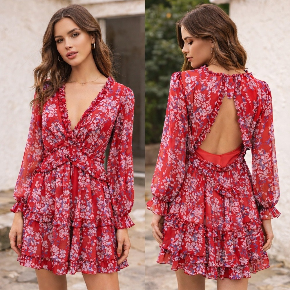 Floral Ruffle Mini Dress Women Sz M Red Open Back Boho Long Sleeve Boho Fairy